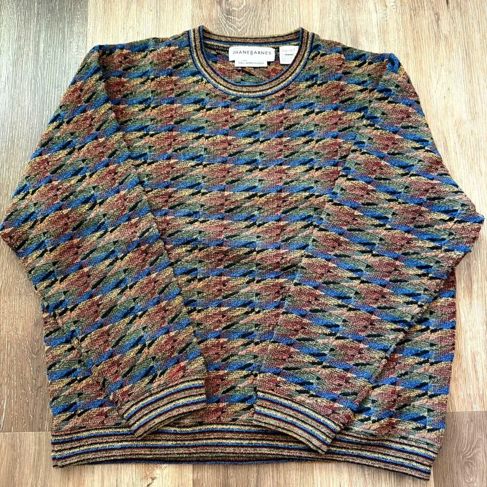Vintage Jhane Barnes Geometric Artwear Sweater blue brown woven Japan 90s sz XL